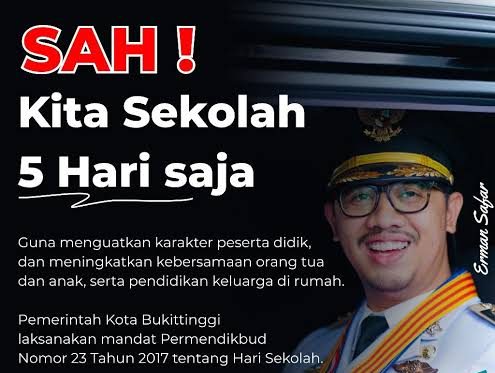 Walikota Bukittinggi Himbau Guru Tidak Memberikan PR Akhir Pekan Saat Pelaksanaan Program Sekolah Lima Hari